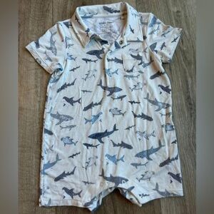 Angel Dear Cream and Blue Shark Print Bamboo Romper